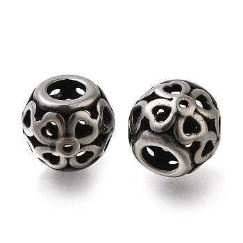 304 Stainless Steel European Beads, Large Hole Beads, Rondelle with Flower, Antique Silver, 10x8.5mm, Hole: 4mm