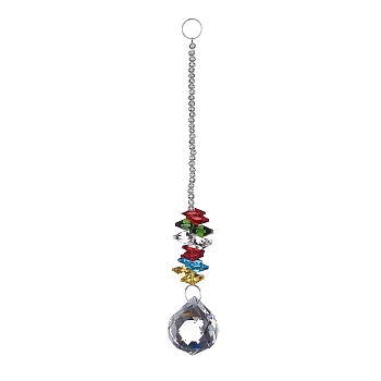 Crystal Teardrop Beaded Wall Hanging Decoration Pendant Decoration, Hanging Suncatcher, with Iron Ring and Glass Beads, Colorful, 200mm, Pendant: 35.5x31mm