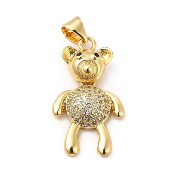 Rack Plating Brass Micro Pave Cubic Zirconia Pendants, Cadmium Free & Lead Free, Real 18K Gold Plated, Bear Charm, Clear, 24x14x5mm, Hole: 3.5x5mm