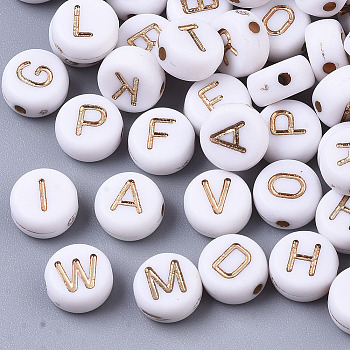 Plating Acrylic Beads, Metal Enlaced, Flat Round with Letter A~Z, Light Gold Plated, 7x4mm, Hole: 1.8mm
