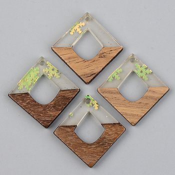 Transparent Resin & Walnut Wood Pendants, with Paillette/Sequin, Rhombus with Snowflake, Clear, 27.5x27.5x3mm, Hole: 2mm, Side Length: 19.5mm