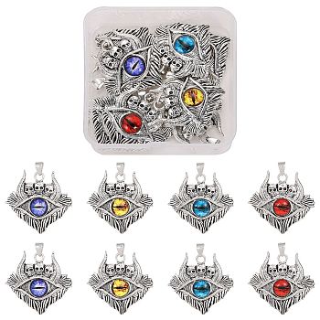 8Pcs 4 Colors Glass Pendants, with Antique Silver Plated Alloy Findings, Skull with Evil Eye, Mixed Color, 37.5x39x6mm, Hole: 6x4mm, 2pcs/color