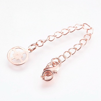 Eco-Friendly Brass Chain Extender, with Lobster Claw Clasps, Cadmium Free & Nickel Free & Lead Free, Long-Lasting Plated, Flat Round, Rose Gold, 77x3mm, Hole: 2.5mm