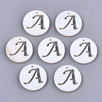 Natural Freshwater Shell Charms, Flat Round with Hollow Out Letter, Letter.A, 14.5x1.5mm, Hole: 0.9mm