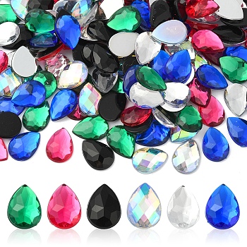 180Pcs 6 Colors Acrylic Rhinestone Flat Back Cabochons, Faceted, Bottom Silver Plated, Teardrop, Mixed Color, 14x10x3~3.5mm, 30pcs/color