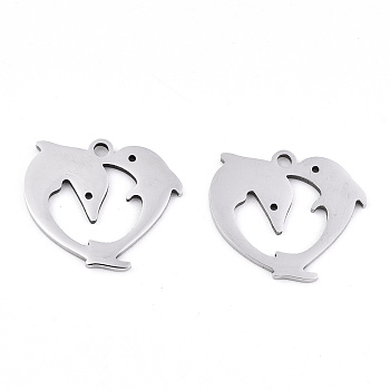 201 Stainless Steel Charms, Laser Cut, Heart with Dolphin, Stainless Steel Color, 14x16x0.9mm, Hole: 1.4mm