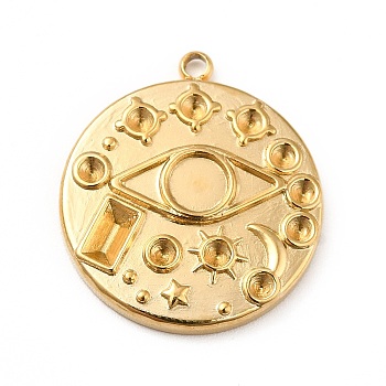 Ion Plating(IP) 304 Stainless Steel Pendant Rhinestone Settings, Pendant Cabochon Settings, Flat Round with Eye, Real 18K Gold Plated, Tray: 4mm, Fit for 1.6mm Rhinestone, 20.5x18x2.5mm, Hole: 1.5mm
