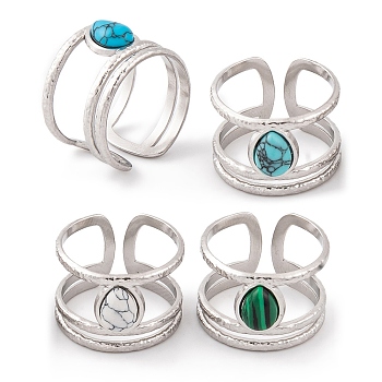 Teardrop 304 Stainless Steel Open Cuff Rings, Synthetic Turquoise & Malachite Rings for Women, Stainless Steel Color, 13mm, Adjustable