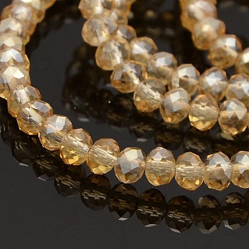 Pearl Luster Plated Faceted Rondelle Glass Beads Strands, Wheat, 6x4mm, Hole: 1mm, about 85pcs/strand, 16 inch