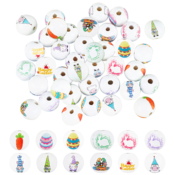 SUNNYCLUE 48Pcs 12 Styles Easter Theme Printed Wooden Beads, Round, Mixed Color, 15.5~16x14.5~15mm, Hole: 3.5~4mm, 4pcs/style