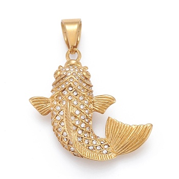 304 Stainless Steel Pendants, with Crystal Rhinestone, Goldfish, Golden, 38.5x41.5x11mm, Hole: 8x11mm
