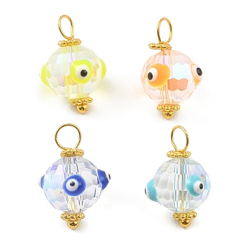 Glass Pendants, with Brass Loops and Alloy Daisy Spacer Beaded, Round with Evil Eye Charms, Mixed Color, 17x11x11mm, Hole: 3mm