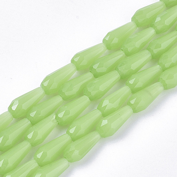 Glass Beads Strands, Imitation Jade, Faceted, Teardrop, Pale Green, 9~10x4mm, Hole: 1mm, about 72pcs/Strand, 26.38~27.17 inch(67~69cm)