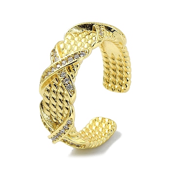Brass with Cubic Zirconia Open Cuff Ring, Criss Cross, Real 18K Gold Plated, Inner Diameter: 19mm