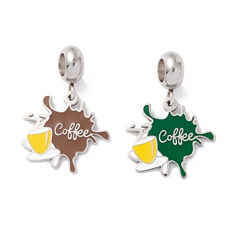 304 Stainless Steel European Dangle Charms, Large Hole Pendants, with Enamel, Cup with Word Coffee, Stainless Steel Color, 25.5mm, Hole: 4.5mm