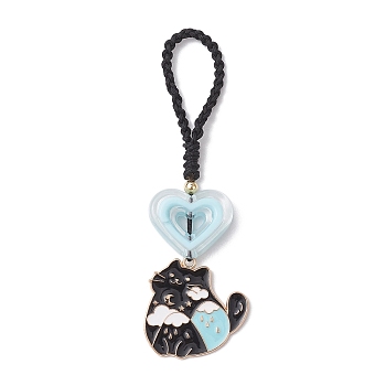 Cat Alloy Enamel Pendant Deciration, with Heart Acrylic Beads and Polyester Cords Hanging Ornaments, Black, 89mm