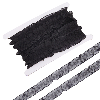 10Yards Polyester Pleated Elastic Lace Trim, Ruffled Trimming for Bowknot Making, Black, 1-1/4 inch(33mm)