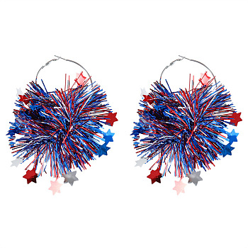Independence Day Plastic Shiner & Alloy Hoop Earrings, Platinum, Star, Blue, 120mm