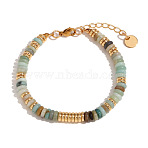 Retro Natural Jade & Stainless Steel Beaded Bracelets for Women, Disc, Real 18K Gold Plated, Inner Diameter: 6-3/4 inch(17cm)(NO5359-1)
