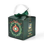 Christmas Folding Gift Boxes, with Transparent Window and Ribbon, Gift Wrapping Bags, for Presents Candies Cookies, Christmas Wreath, 9x9x15cm(X1-CON-M007-01B)