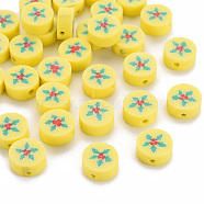 Handmade Polymer Clay Beads, Flat Round with Christmas Holly Leaves, Yellow, 10x4mm, Hole: 1.6mm(CLAY-N011-003)