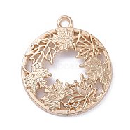 Autumn Theme Zinc Alloy Open Back Bezel Pendants, For DIY UV Resin, Epoxy Resin, Pressed Flower Jewelry, Flat Round with Maple Leaf, Light Gold, 34x30x3mm, Hole: 2.5mm(PALLOY-E577-24KCG)