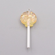 Resin Pendants, with Platinum Tone Iron Loop and Paillette/Sequins, Plastic Handle, Shell Lollipop, Goldenrod, 50x20x10mm(RESI-WH0025-12C)