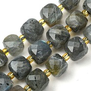 Natural Labradorite Beads Strands, with Seed Beads, Faceted Cube, 8~9x8~9x8~9mm, Hole: 0.9~1mm, about 35~39pcs/strand, 14.80''~15.16''(37.6~38.5cm)(G-Q010-A25-01)