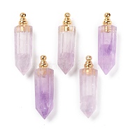 Faceted Natural Amethyst Pendants, Openable Perfume Bottle, with Golden Tone Brass Findings, Bullet, 46~47x13~14x11~12mm, Hole: 4.5mm, capacity: 1ml(0.03 fl. oz)(G-H252-F01)