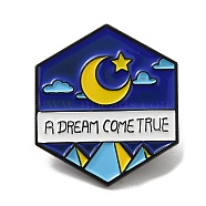 Hexagon Enamel Pins, Black Alloy Badge for Women, Word A Dream Comes True, Moon, 25x22x1.4mm(JEWB-K016-04EB-01)
