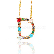 Golden Brass Micro Pave Cubic Zirconia Initial Pendants Necklaces, with Cable Chains, Colorful, Letter, Letter.D, 17.9~18.1 inch(45.5~46cm)x1.5mm, LetterD: 21x17x6mm(NJEW-S069-JN002-D)