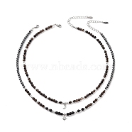 2Pcs 2 Style Clear Cubic Zirconia Moon & Star Charm Necklaces Set, Natural Smoky Quartz & Lava Rock Beaded Chains Stackable Necklaces for Women, Black, 16.30~16.61 inch(41.1~42.2cm), 1Pc/style(NJEW-JN04149)