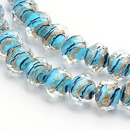Handmade Gold Sand Lampwork Rondelle Beads Strands, Faceted, Sky Blue, 12x9mm, Hole: 1mm, 40pcs/strand, 14.2~15.4 inch(LAMP-I010-C-04)