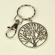 Tibetan Style Tree of life Keychain, with Iron Key Clasp Findings and Alloy Swivel Clasps, Platinum, 100mm(KEYC-JKC0009-21)