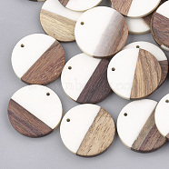 Resin & Walnut Wood Pendants, Flat Round, White, 28.5x3.5~4mm, Hole: 1.5mm(RESI-S358-02B-01)