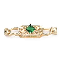 Rack Plating Brass Pave Green Glass Fold Over Clasps, Long-Lasting Plated, Cadmium Free & Lead Free, Oval, Real 14K Gold Plated, 14x7.5x6mm, Hole: 4.5mm, Pin: 0.8mm, Oval: 20x9.5x8mm(KK-B078-12G14)