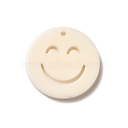 Opaque Acrylic Pendants, Flat Round with Smiling Face, Floral White, 19.5x2mm, Hole: 1.4mm(OACR-B008-A03)