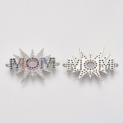 Mother's Day Brass Micro Pave Cubic Zirconia Links connectors, Word Mom, Nickel Free, Colorful, Real Platinum Plated, 20.5x27.5x2mm, Hole: 1.2mm(ZIRC-Q022-007P-NF)