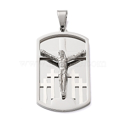 Easter 304 Stainless Steel Pendants, Rectangle with Cross & Jesus Charms, Backside Brushed Finish Process, Stainless Steel Color, 43x24x6mm, Hole: 8x5mm(STAS-E527-05P)
