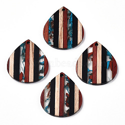 Resin & Walnut Wood Pendants, Teardrop Charms, Black, 32x29x3.5mm, Hole: 2mm(RESI-N039-18)