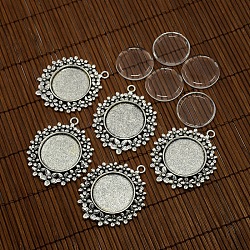 25mm Clear Domed Glass Cabochon Cover and Alloy Flower Blank Settings for DIY Portrait Pendant Making, Cadmium Free & Nickel Free & Lead Free, Antique Silver, Pendants: 49x41mm, Hole: 2mm, Tray: 25mm(DIY-X0141-AS-NR)