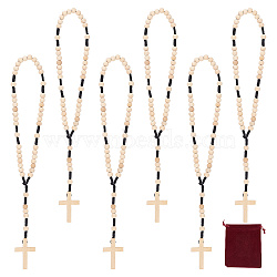 6Pcs Wood Cross Hanging Pendant Decorations, with Wood Beads and Nylon Thread, for Car Rear View Mirror, with 6Pcs Rectangle Velvet Pouches, Moccasin, Pendant Decorations: 325mm long; Pouches: 12x10cm(HJEW-AR0001-13)