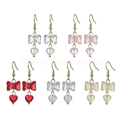 Bowknot with Heart Glass Dangle Earrings, 304 Stainless Steel Earrings, Mixed Color, 43x14mm(EJEW-JE05647)