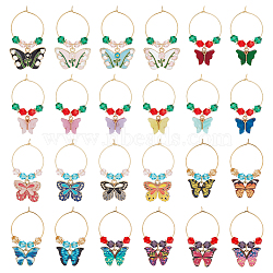 Alloy Wine Glass Charms, with Glass Beads and 316 Surgical Stainless Steel Hoop Earrings, Butterfly, Mixed Color, 38~45mm, 24 style, 1pc/style, 24pcs/set(AJEW-AB00187)