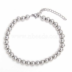 Non-Tarnish Simple Fashion Round 304 Stainless Steel Beaded Bracelets for Women, Stainless Steel Color, 7-1/8 inch(18cm), Round: 6mm(UG2742-2)