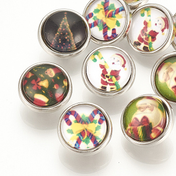 Christmas Pattern Brass Glass Snap Buttons, Jewelry Buttons, Flat Round, Platinum, Mixed Color, 12x8mm, Knob: 4.5mm