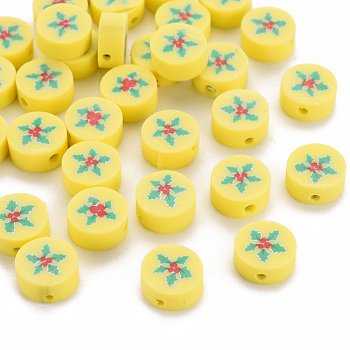 Handmade Polymer Clay Beads, Flat Round with Christmas Holly Leaves, Yellow, 10x4mm, Hole: 1.6mm