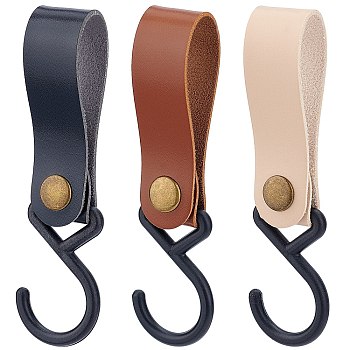 Gorgecraft 3Pcs 3 Colors PU Leather with Plastic Carabiners Hanger Buckle Hook, for Outdoor Hanging, Pot, Clothes, Kitchenware, Utensils, Pan, Rectangle, Mixed Color, 125x36mm, 1pc/color