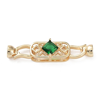 Rack Plating Brass Pave Green Glass Fold Over Clasps, Long-Lasting Plated, Cadmium Free & Lead Free, Oval, Real 14K Gold Plated, 14x7.5x6mm, Hole: 4.5mm, Pin: 0.8mm, Oval: 20x9.5x8mm