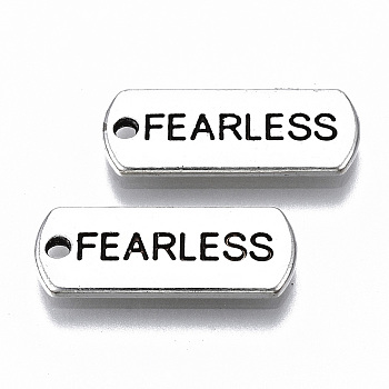 Tibetan Style Alloy Pendants, Lead Free & Cadmium Free, Inspirational Message Charms, Rectangle with Word Fearless, Antique Silver, 8x20.5x1.5mm, Hole: 1.6mm, about 650pcs/1000g